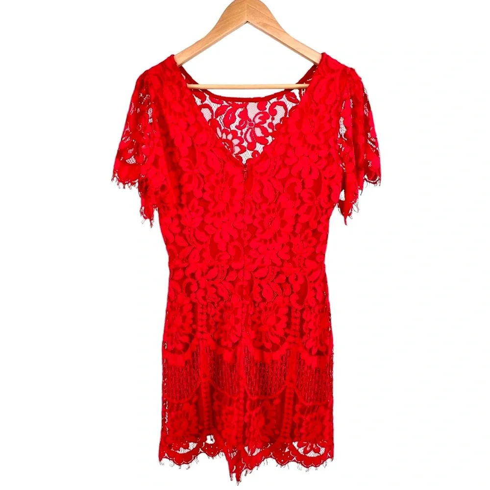 Lulus Pearson Red Lace Dress Sz M Eyelet Lace Flutter Short Dress Sleeve V Back